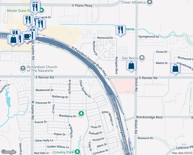 map of restaurants, bars, coffee shops, grocery stores, and more near 2700 East Renner Road in Richardson