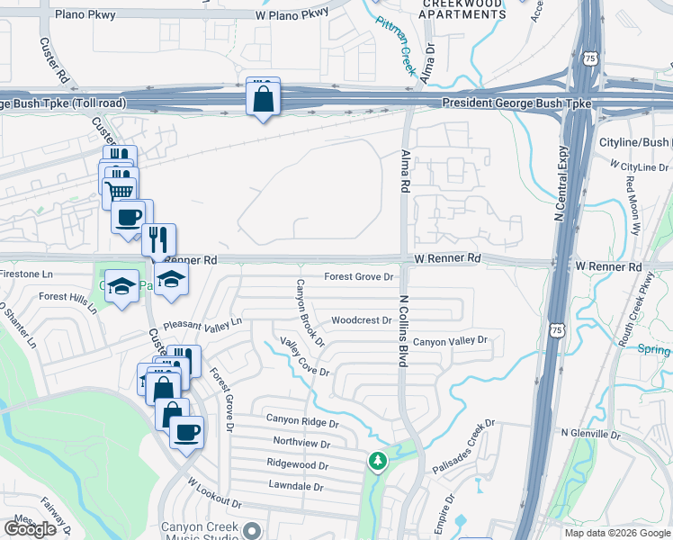 map of restaurants, bars, coffee shops, grocery stores, and more near 324 Forest Grove Drive in Richardson