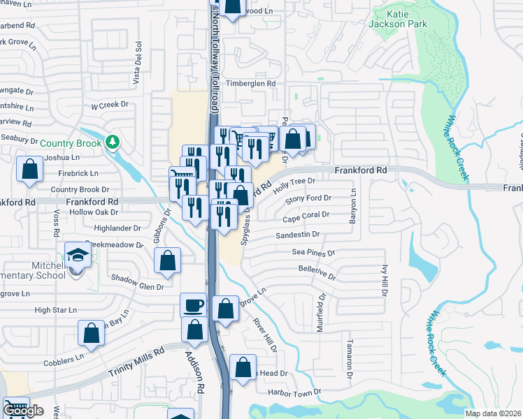 map of restaurants, bars, coffee shops, grocery stores, and more near 4716 Holly Tree Drive in Dallas