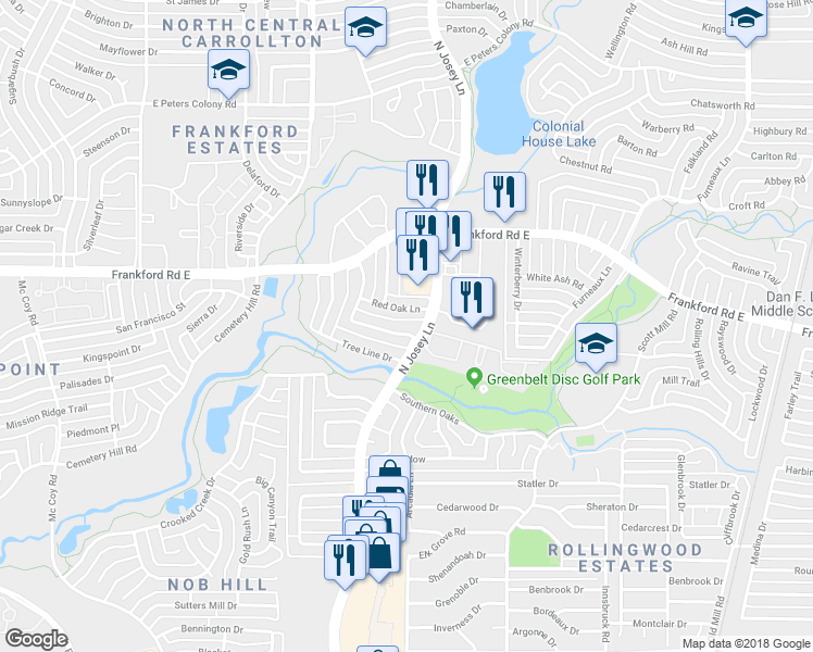 map of restaurants, bars, coffee shops, grocery stores, and more near 1841 Post Oak Ln in Carrollton
