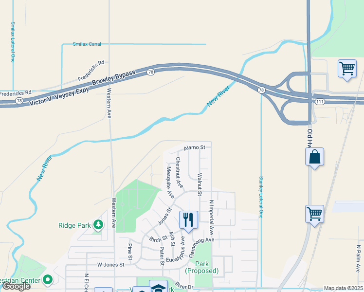 map of restaurants, bars, coffee shops, grocery stores, and more near 1029 Alamo Street in Brawley