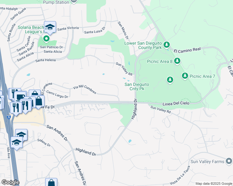 map of restaurants, bars, coffee shops, grocery stores, and more near 1342 Via Mil Cumbres in Solana Beach