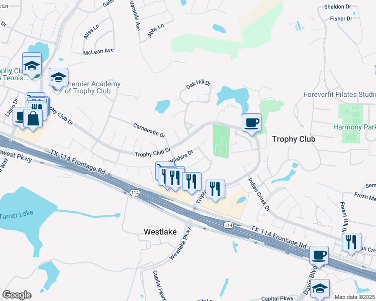 map of restaurants, bars, coffee shops, grocery stores, and more near 1109 Wilshire Drive in Trophy Club