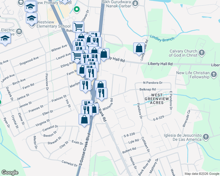 map of restaurants, bars, coffee shops, grocery stores, and more near 105 Terrace Lane in Goose Creek