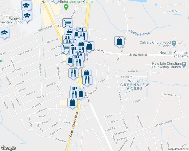 map of restaurants, bars, coffee shops, grocery stores, and more near 109 Wisteria Road in Goose Creek