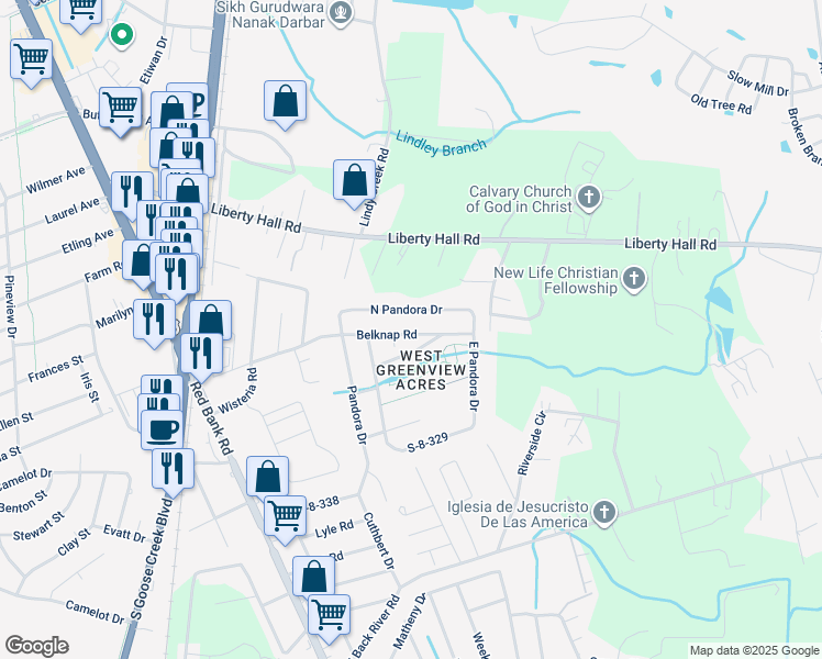 map of restaurants, bars, coffee shops, grocery stores, and more near 121 Belknap Road in Goose Creek