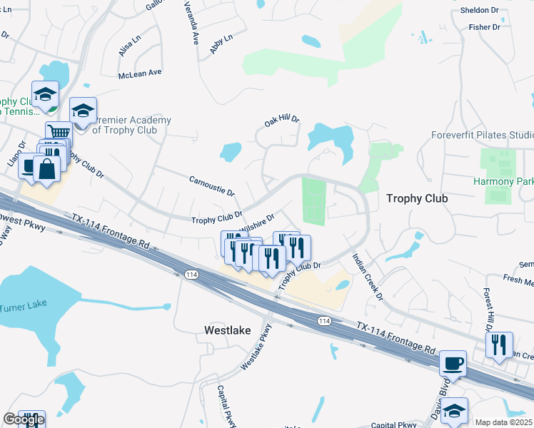 map of restaurants, bars, coffee shops, grocery stores, and more near 1109 Wilshire Drive in Trophy Club