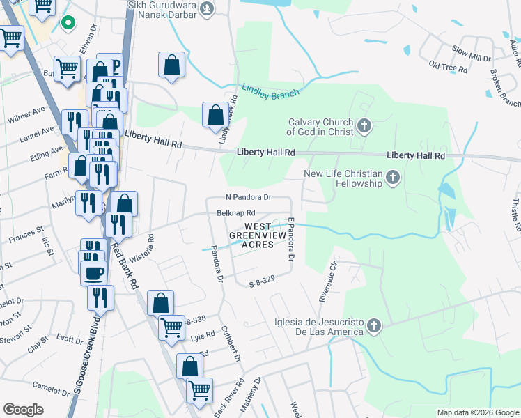 map of restaurants, bars, coffee shops, grocery stores, and more near 125 Belknap Road in Goose Creek