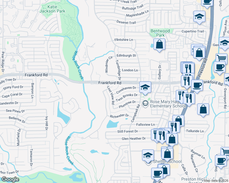 map of restaurants, bars, coffee shops, grocery stores, and more near 5620 Covehaven Drive in Dallas