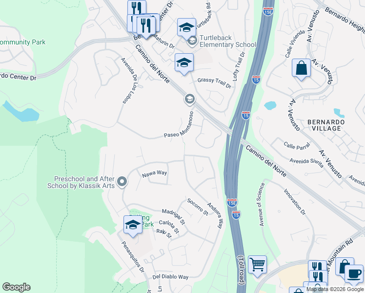 map of restaurants, bars, coffee shops, grocery stores, and more near 15580 Andorra Way in San Diego