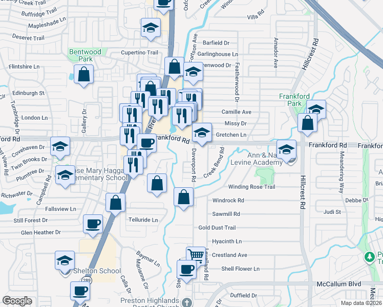map of restaurants, bars, coffee shops, grocery stores, and more near 18016 Davenport Road in Dallas