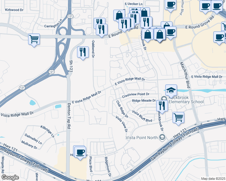 map of restaurants, bars, coffee shops, grocery stores, and more near 2700 Club Ridge Drive in Lewisville