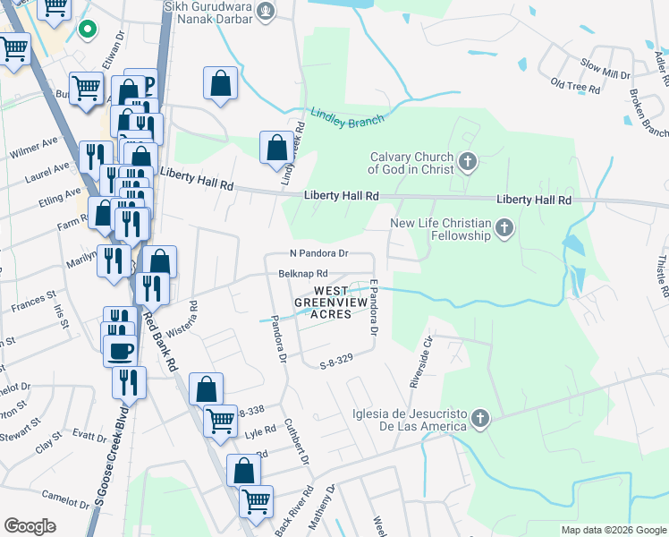 map of restaurants, bars, coffee shops, grocery stores, and more near 125 Belknap Road in Goose Creek