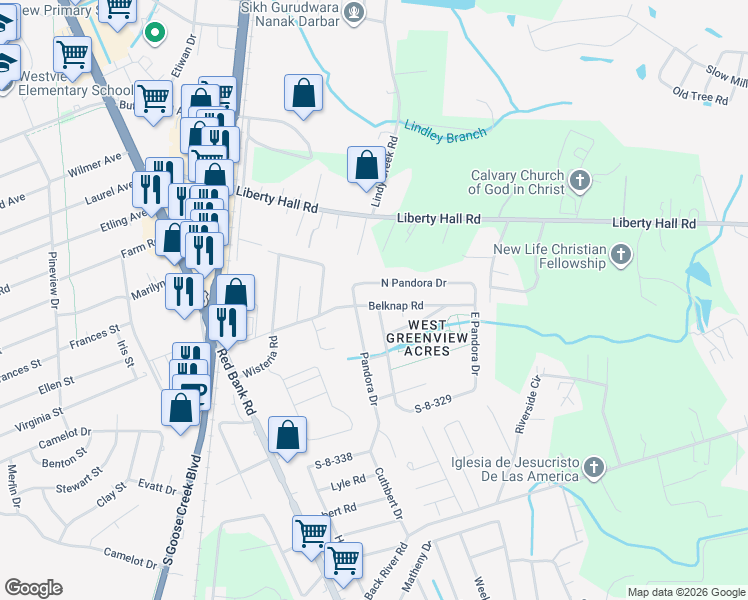 map of restaurants, bars, coffee shops, grocery stores, and more near 101 Belknap Road in Goose Creek