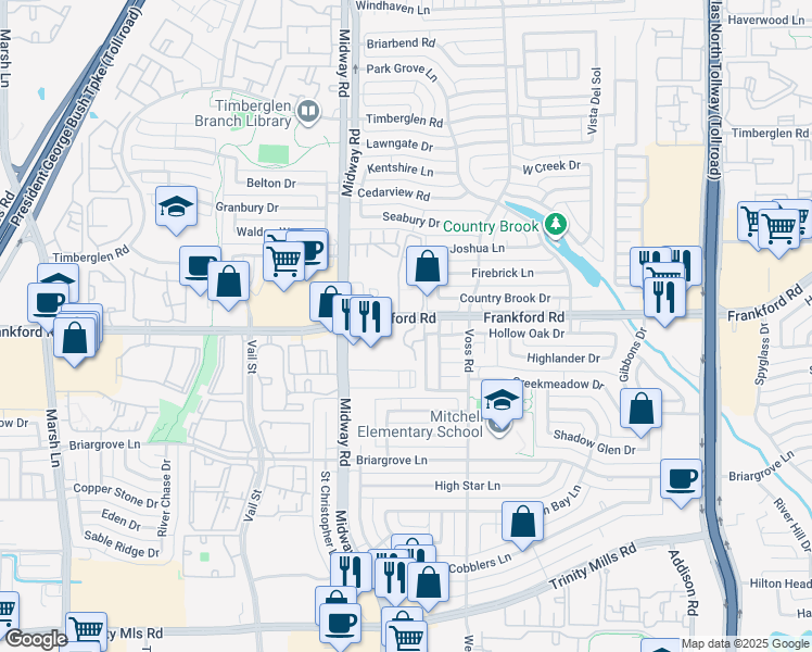 map of restaurants, bars, coffee shops, grocery stores, and more near 4050 Frankford Road in Dallas