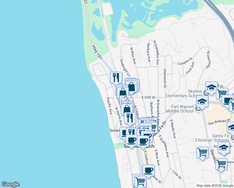 map of restaurants, bars, coffee shops, grocery stores, and more near 406 North Acacia Avenue in Solana Beach