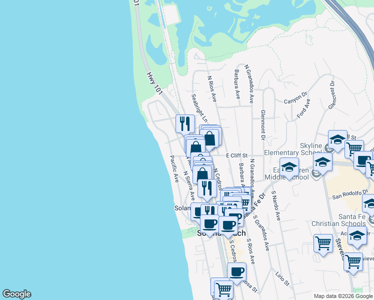 map of restaurants, bars, coffee shops, grocery stores, and more near 406 North Acacia Avenue in Solana Beach