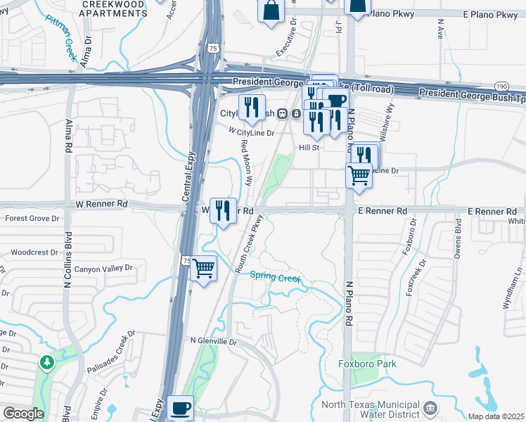 map of restaurants, bars, coffee shops, grocery stores, and more near 1130 East Renner Road in Richardson