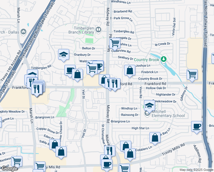 map of restaurants, bars, coffee shops, grocery stores, and more near Midway Road & Frankford Road in Dallas