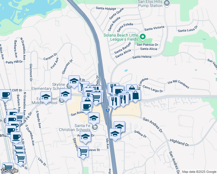 map of restaurants, bars, coffee shops, grocery stores, and more near 265 Santa Helena in Solana Beach