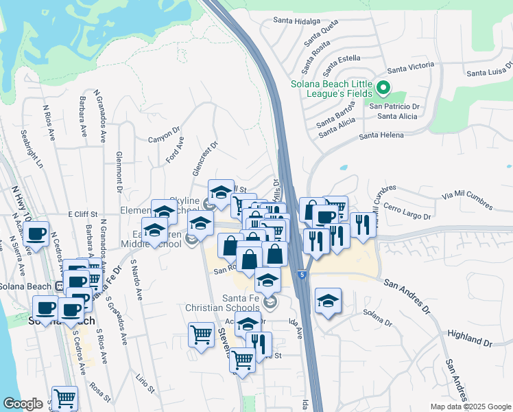 map of restaurants, bars, coffee shops, grocery stores, and more near 309 Solana Hills Drive in Solana Beach