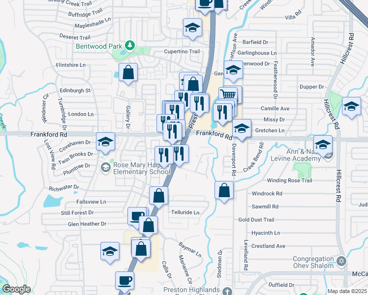 map of restaurants, bars, coffee shops, grocery stores, and more near 17960 Preston Road in Dallas
