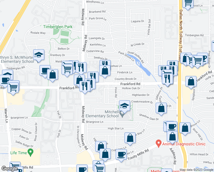 map of restaurants, bars, coffee shops, grocery stores, and more near 18183 Whispering Gables Lane in Dallas