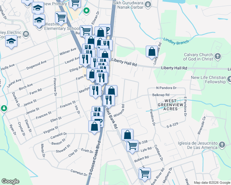 map of restaurants, bars, coffee shops, grocery stores, and more near 105 Terrace Lane in Goose Creek