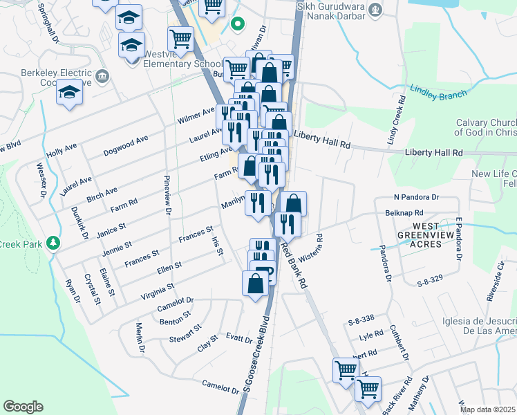 map of restaurants, bars, coffee shops, grocery stores, and more near 113 Saint James Avenue in Goose Creek