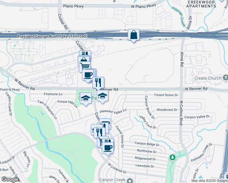 map of restaurants, bars, coffee shops, grocery stores, and more near 601 West Renner Road in Richardson