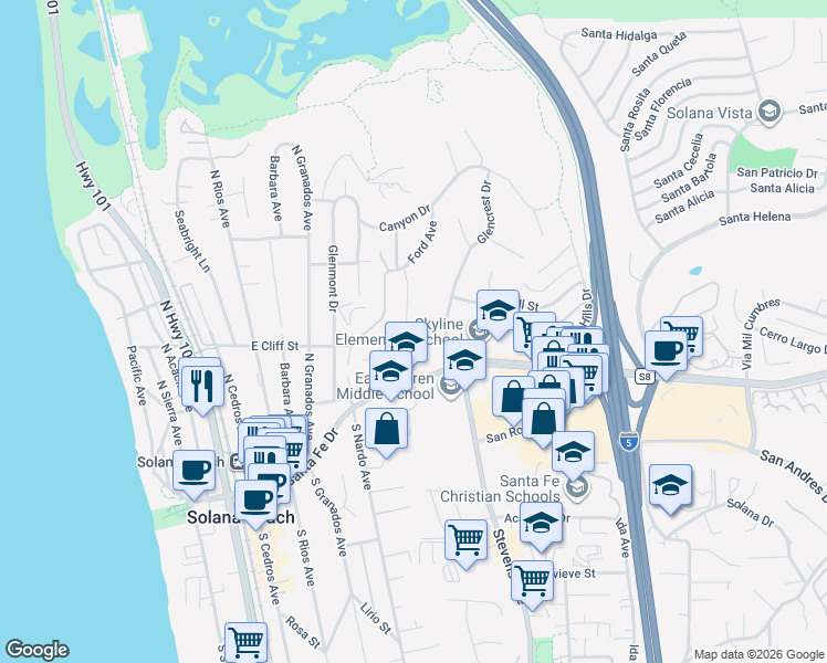 map of restaurants, bars, coffee shops, grocery stores, and more near 404 Marview Drive in Solana Beach