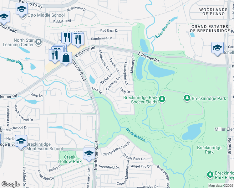 map of restaurants, bars, coffee shops, grocery stores, and more near 4418 Kelly Drive in Richardson