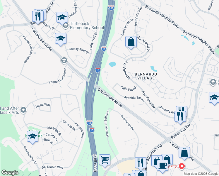 map of restaurants, bars, coffee shops, grocery stores, and more near 11713 Avenida Sivrita in San Diego