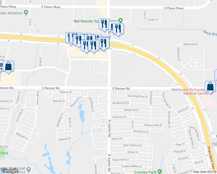 map of restaurants, bars, coffee shops, grocery stores, and more near 2607 East Renner Road in Richardson