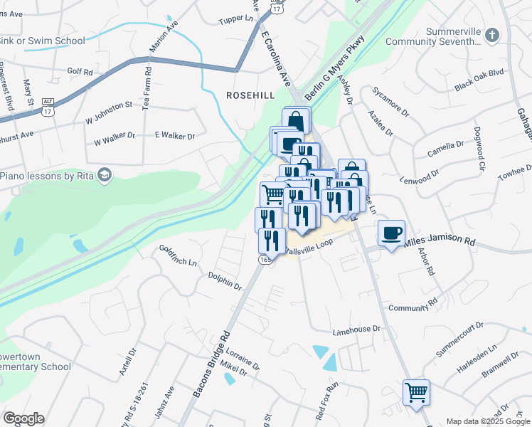 map of restaurants, bars, coffee shops, grocery stores, and more near 132 Hidden Palms Boulevard in Summerville