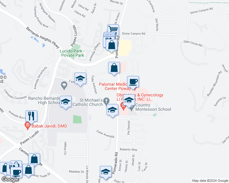 map of restaurants, bars, coffee shops, grocery stores, and more near 15632 Pomerado Road in Poway