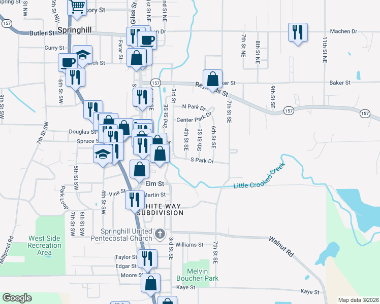 map of restaurants, bars, coffee shops, grocery stores, and more near 302 South Park Drive in Springhill
