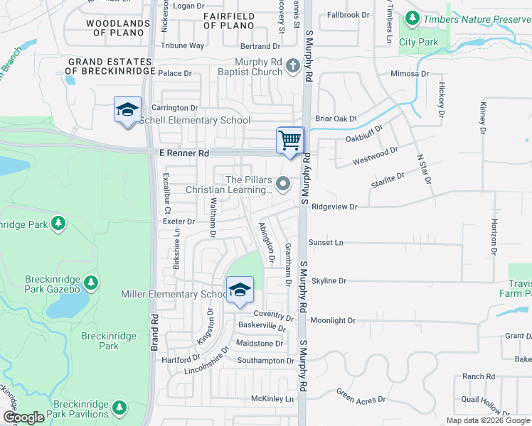map of restaurants, bars, coffee shops, grocery stores, and more near 3311 Grantham Drive in Richardson