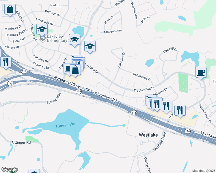 map of restaurants, bars, coffee shops, grocery stores, and more near 1 Roaring Creek Court in Trophy Club