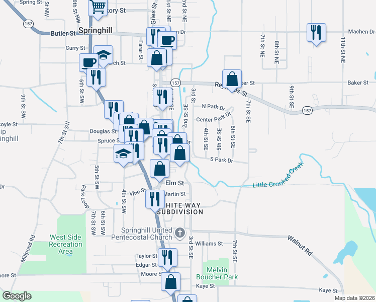 map of restaurants, bars, coffee shops, grocery stores, and more near 501 South Main Street in Springhill