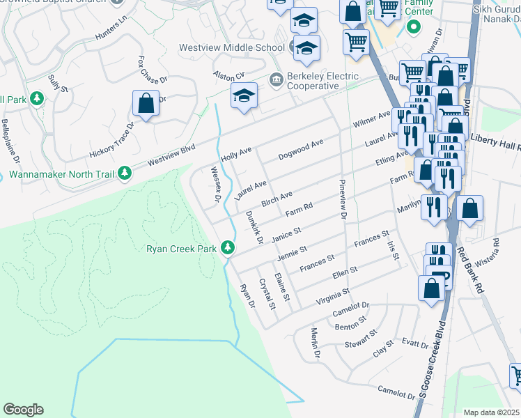 map of restaurants, bars, coffee shops, grocery stores, and more near 307 Birch Avenue in Goose Creek