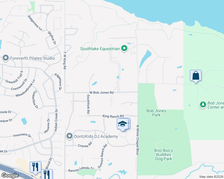 map of restaurants, bars, coffee shops, grocery stores, and more near 350 West Bob Jones Road in Southlake