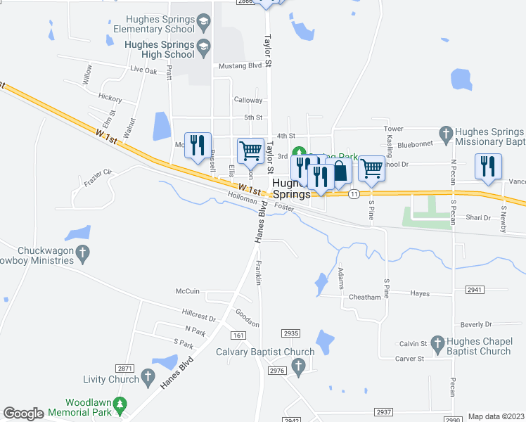 map of restaurants, bars, coffee shops, grocery stores, and more near 114 Farm to Market Road 250 in Hughes Springs