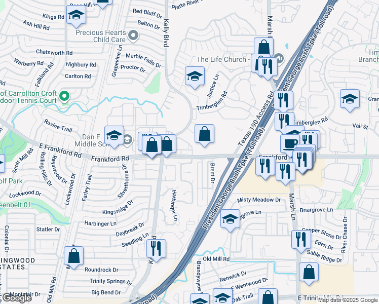 map of restaurants, bars, coffee shops, grocery stores, and more near 18050 Kelly Boulevard in Dallas