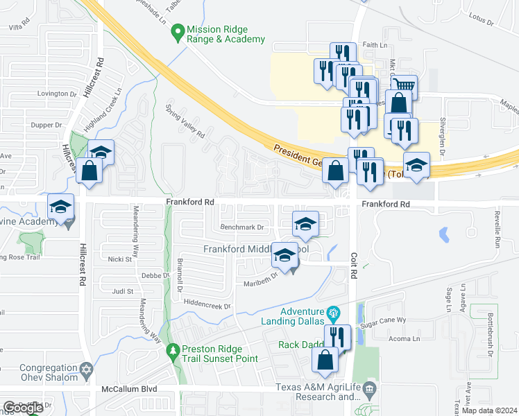 map of restaurants, bars, coffee shops, grocery stores, and more near 7523 Aberdon Road in Dallas