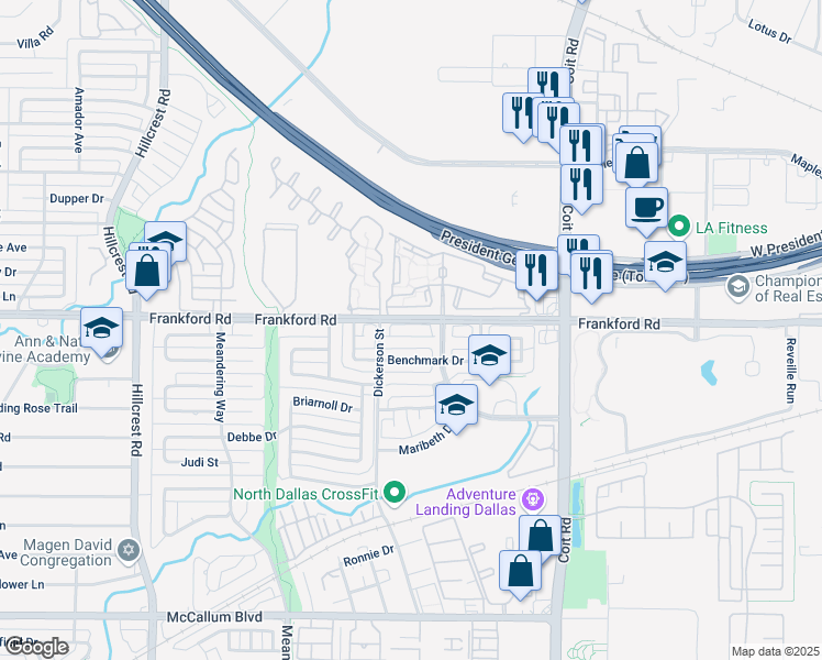 map of restaurants, bars, coffee shops, grocery stores, and more near 7520 Aberdon Road in Dallas