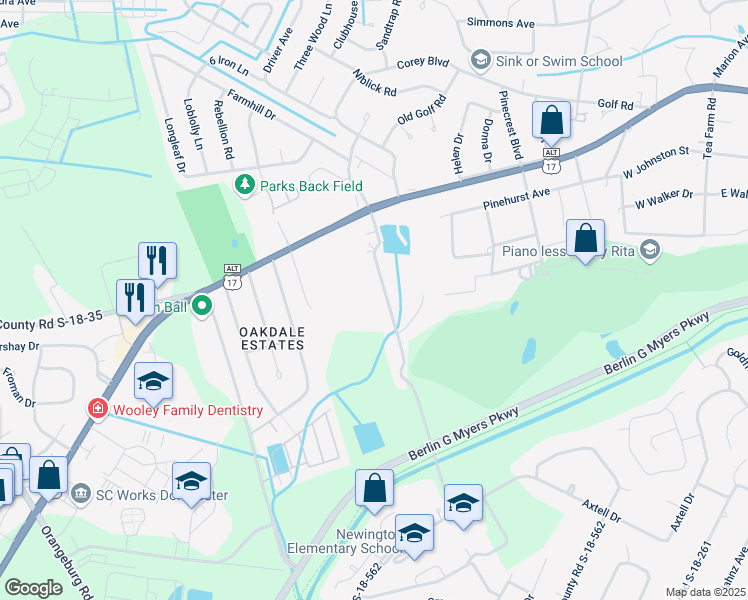 map of restaurants, bars, coffee shops, grocery stores, and more near 128 Luden Drive in Summerville