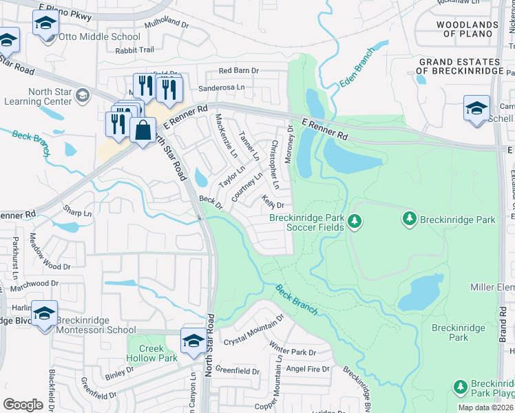 map of restaurants, bars, coffee shops, grocery stores, and more near 4418 Kelly Drive in Richardson