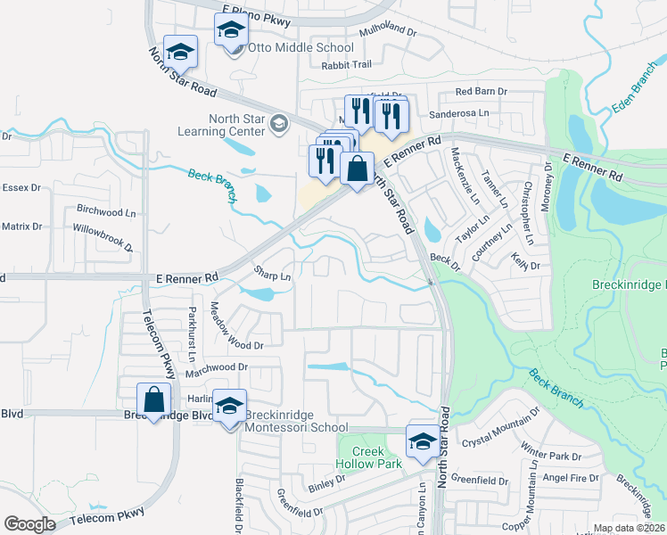 map of restaurants, bars, coffee shops, grocery stores, and more near 3401 Brookside Drive in Richardson