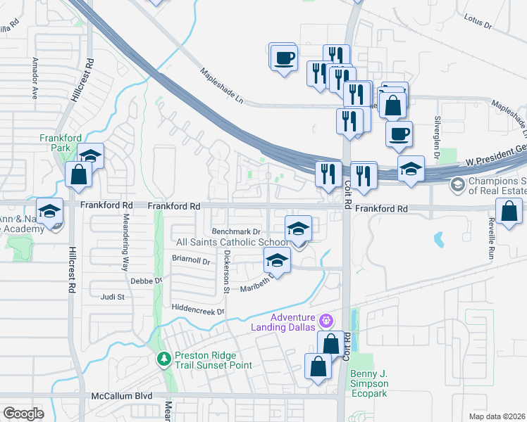 map of restaurants, bars, coffee shops, grocery stores, and more near 7604 Worthing Street in Dallas